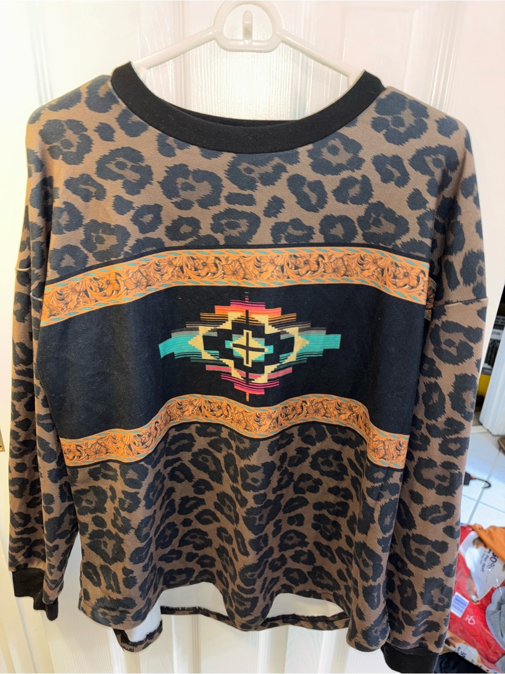 Crazy Train Brown & Black Leopard Aztec-Stripe Pullover